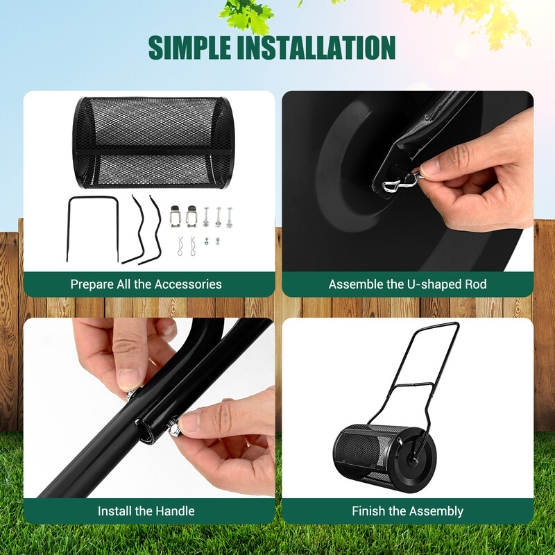 Kompostspridare 80L med u-handtag och metallnät för gödsel och torv, svart