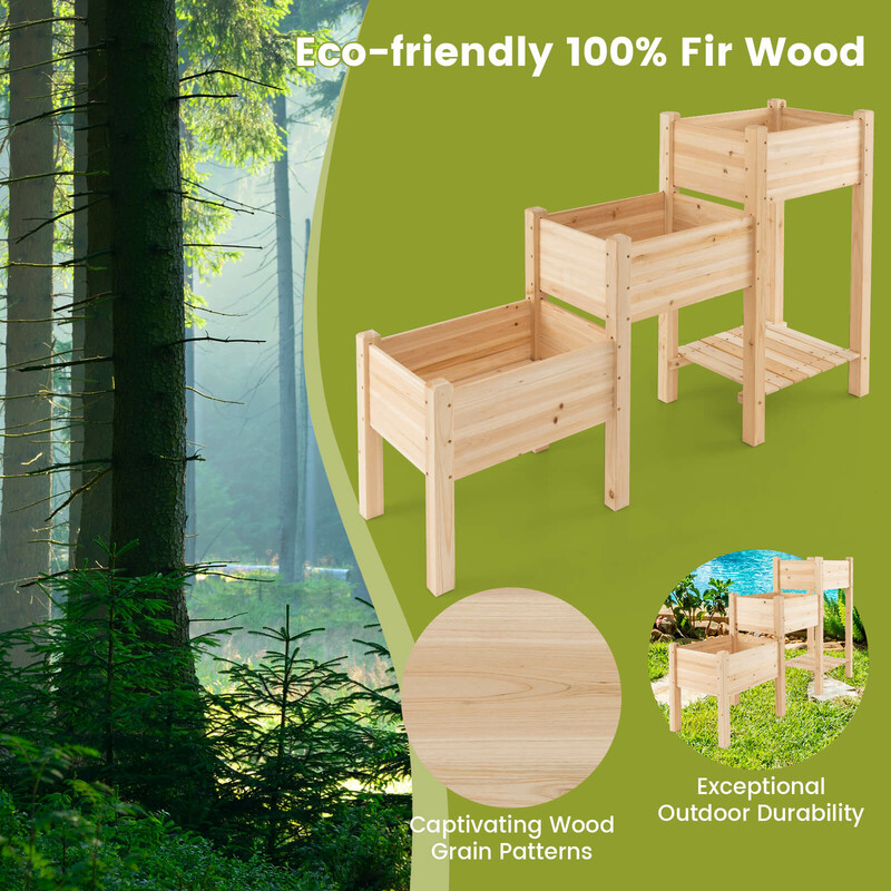 Odlingslåda i tre nivåer av trä med dräneringshål för trädgård och växter