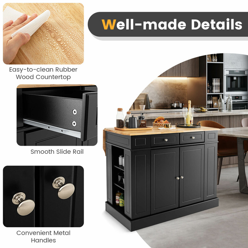 Köksö med utdragbar arbetsyta i gummived och förvaring, svart design