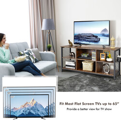 Tv-bänk med öppna hyllor för tv upp till 65 tum i rustik brunt trä och metall