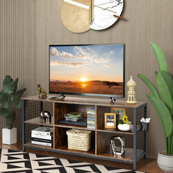 Tv-bänk med öppna hyllor för tv upp till 65 tum i rustik brunt trä och metall