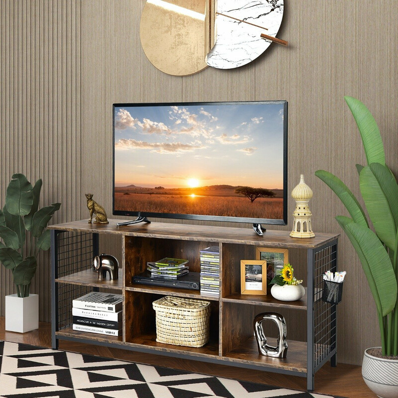 Tv-bänk med öppna hyllor för tv upp till 65 tum i rustik brunt trä och metall