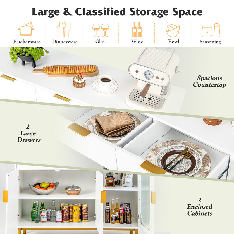 Buffetskåp med glasdörrar och metallben, vit, 120 x 40 x 88 cm