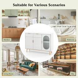 Buffetskåp med glasdörrar och metallben, vit, 120 x 40 x 88 cm