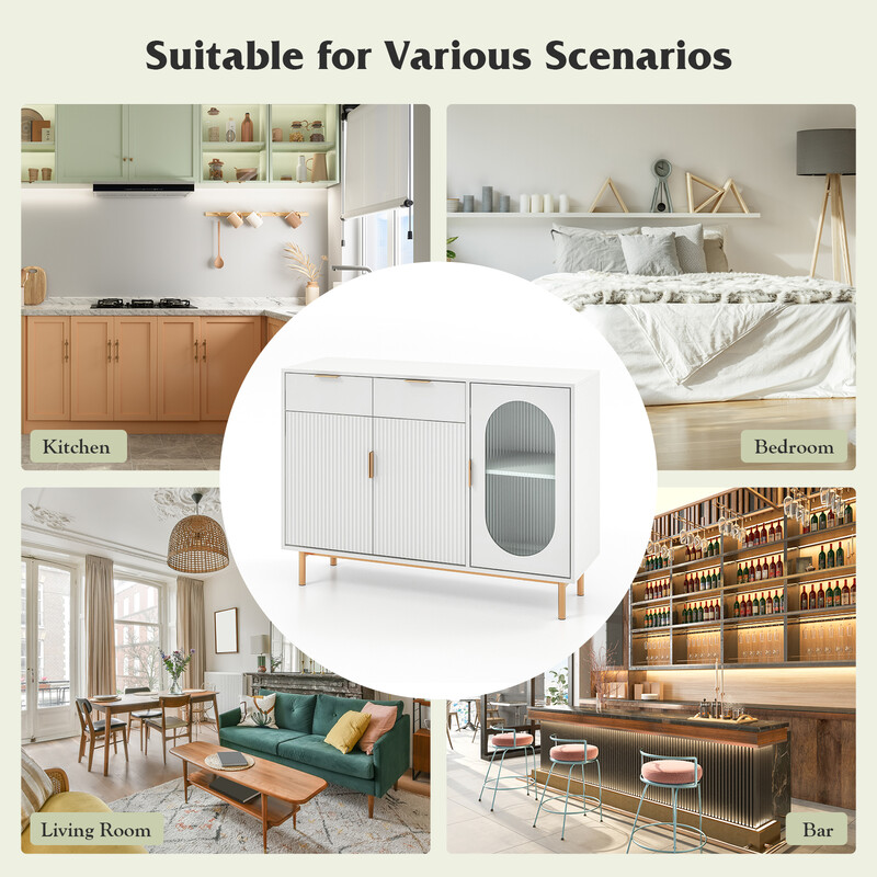 Buffetskåp med glasdörrar och metallben, vit, 120 x 40 x 88 cm