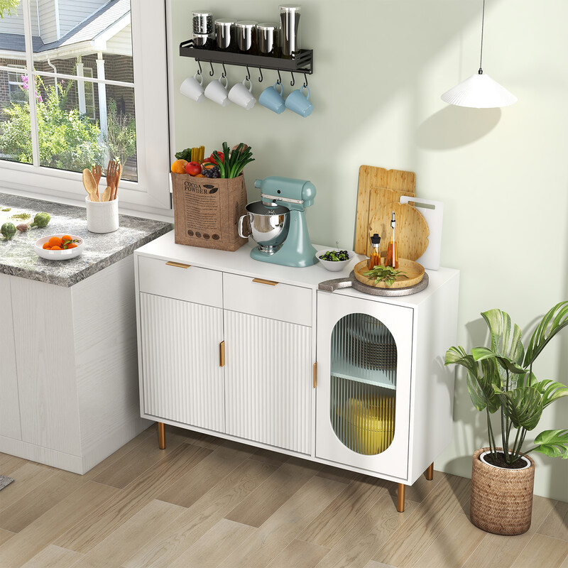 Buffetskåp med glasdörrar och metallben, vit, 120 x 40 x 88 cm