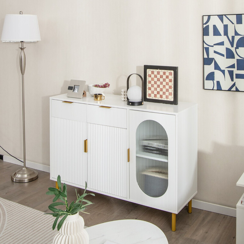 Buffetskåp med glasdörrar och metallben, vit, 120 x 40 x 88 cm