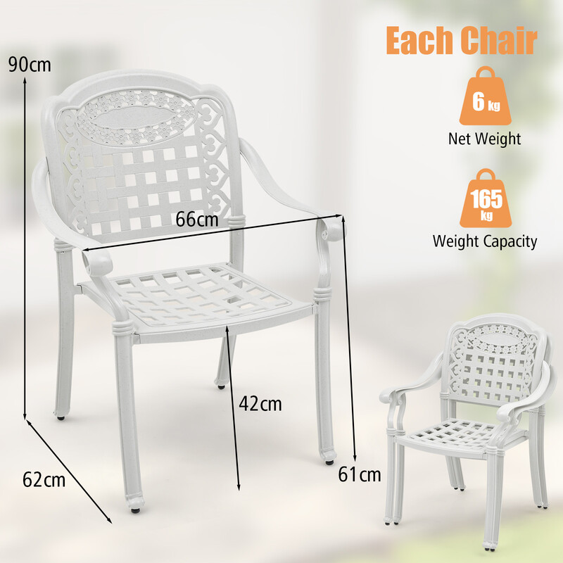 2-pack vita trädgårdsstolar i aluminium med armstöd och stapelbar design för balkong