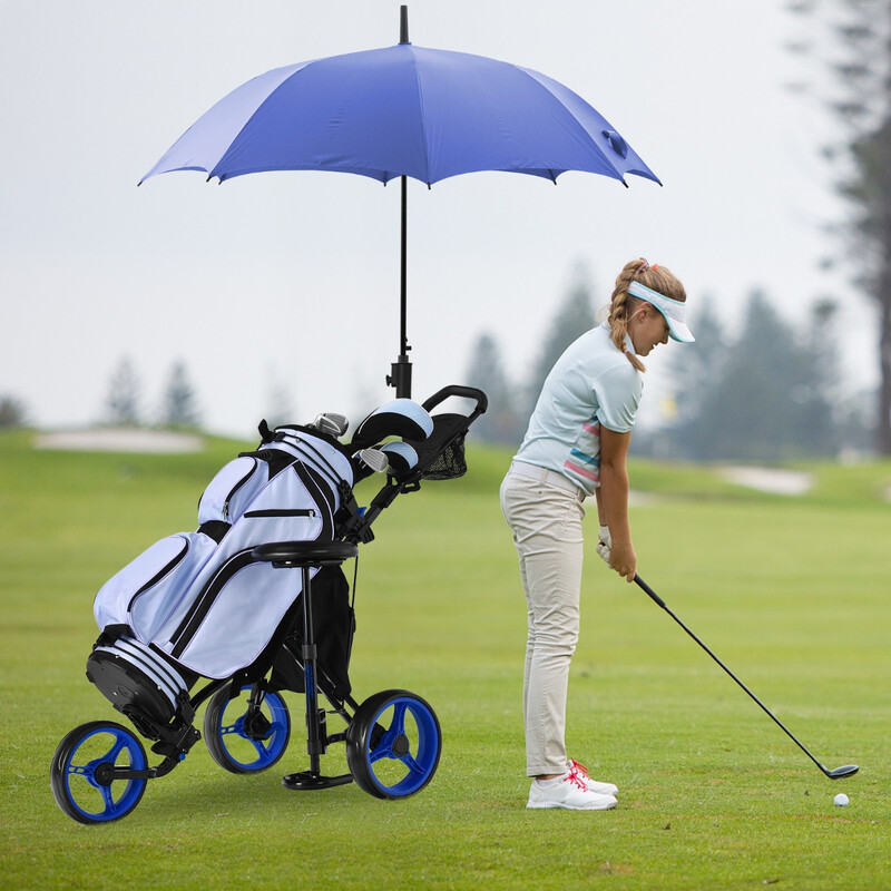 Golfvagn med tre hjul, paraplyhållare och säte, hopfällbar och lätt, blå färg