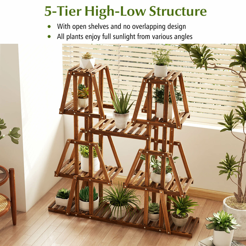 Växtställning i trä med trapetsdesign för inomhus och utomhusbruk, brun, 113 x 27 x 114 cm