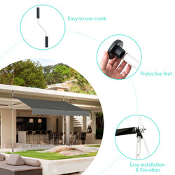 Grå justerbar balkongmarkis 350 cm bred med UV-skydd och enkel installation