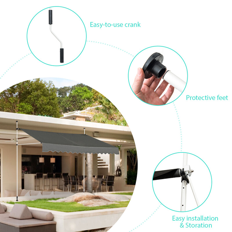 Grå justerbar balkongmarkis 350 cm bred med UV-skydd och enkel installation