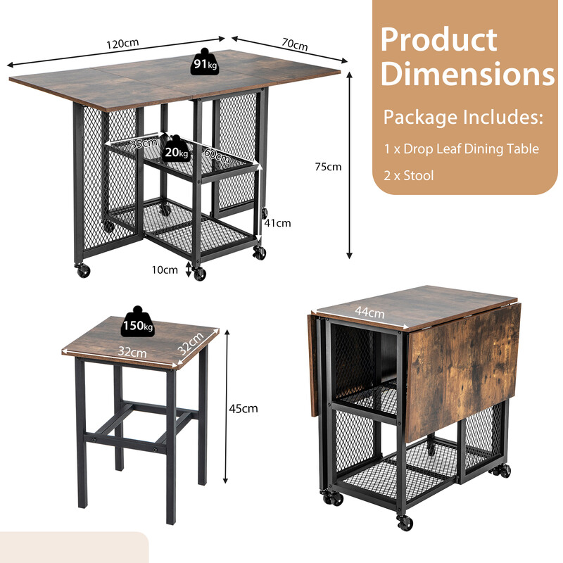 Kompakt matgrupp med utdragbart bord, 2 pallar och förvaringshyllor för små utrymmen