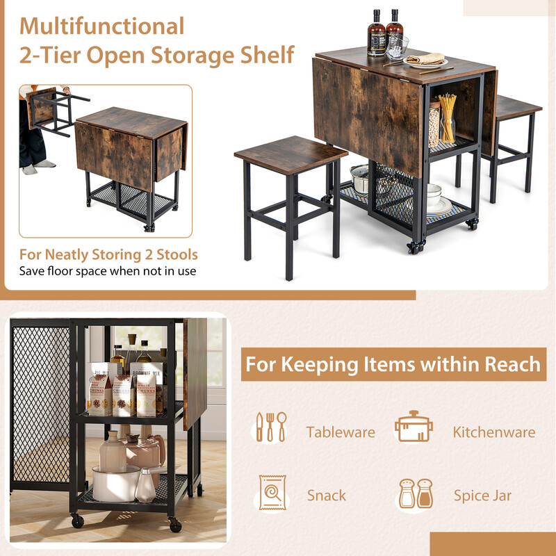 Kompakt matgrupp med utdragbart bord, 2 pallar och förvaringshyllor för små utrymmen