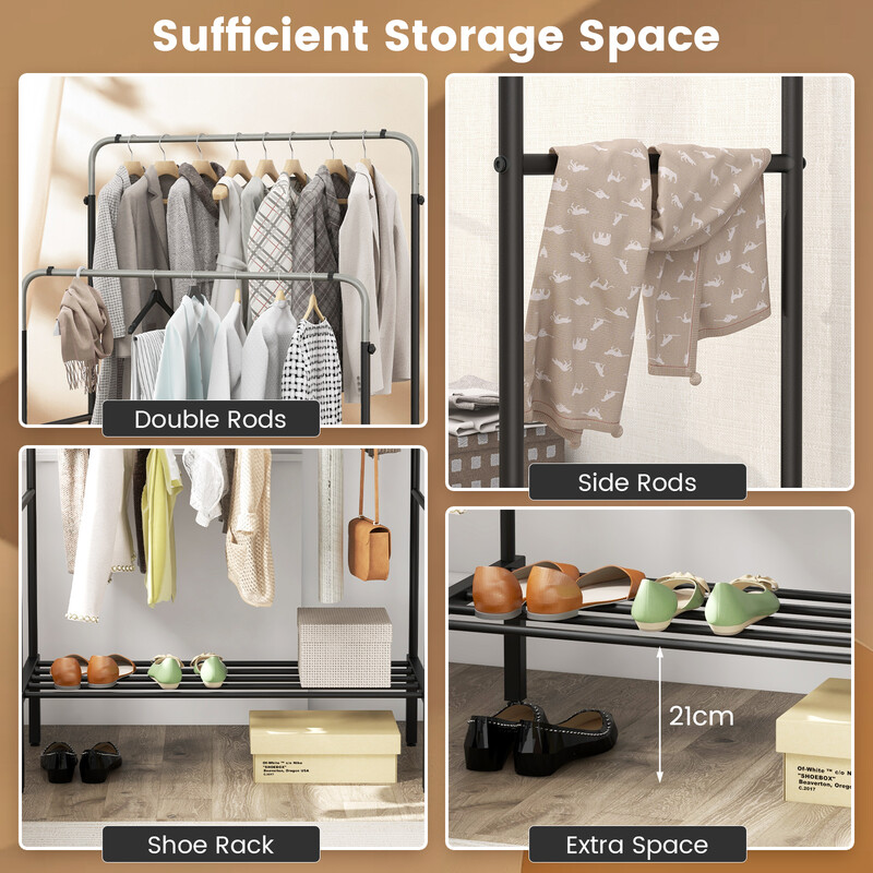 Dubbel klädställning med justerbara stänger och rymlig förvaring i svart och silver