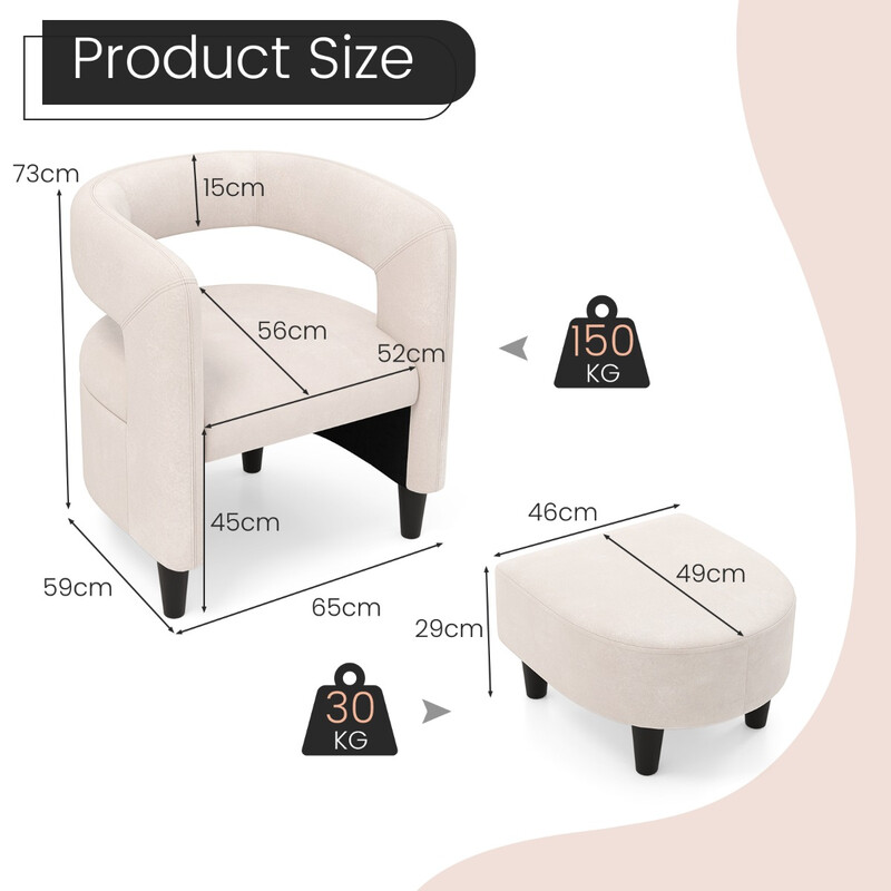Bekväm fåtölj med fotpall i beige sammet för elegant och avkopplande vardagsrumsmiljö