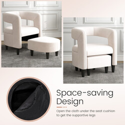 Bekväm fåtölj med fotpall i beige sammet för elegant och avkopplande vardagsrumsmiljö