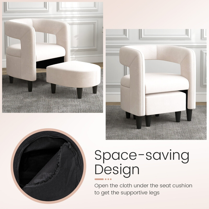 Bekväm fåtölj med fotpall i beige sammet för elegant och avkopplande vardagsrumsmiljö