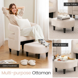 Bekväm fåtölj med fotpall i beige sammet för elegant och avkopplande vardagsrumsmiljö