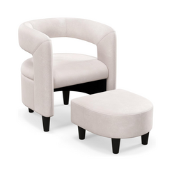 Bekväm fåtölj med fotpall i beige sammet för elegant och avkopplande vardagsrumsmiljö