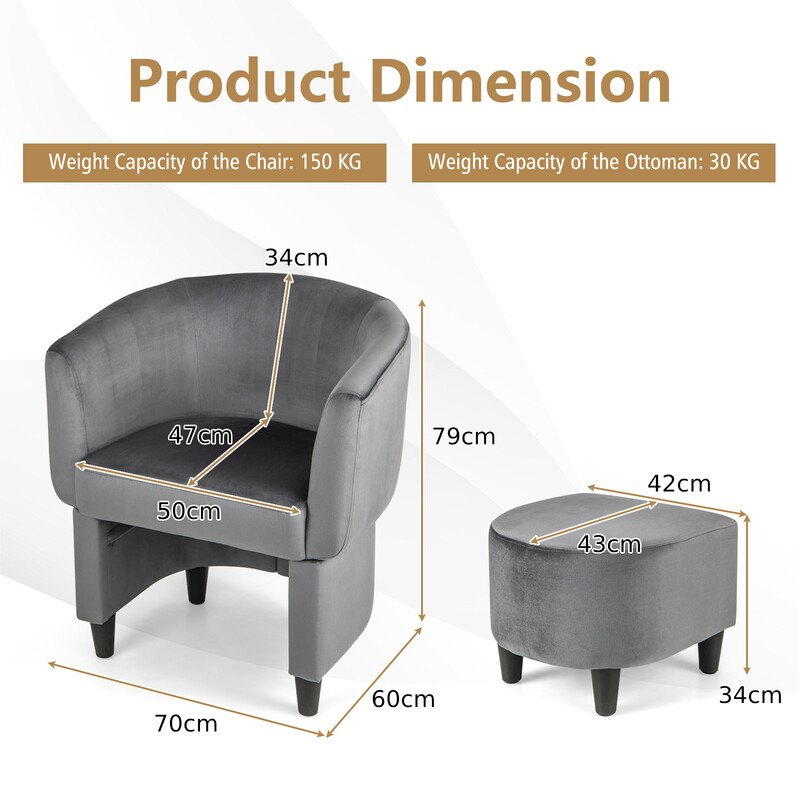 Fåtölj med pall i grå sammet och massivt trä för optimal komfort