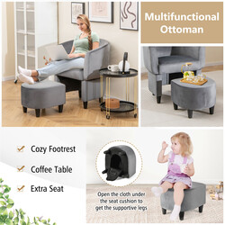 Fåtölj med pall i grå sammet och massivt trä för optimal komfort