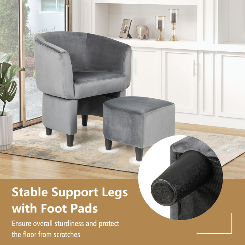 Fåtölj med pall i grå sammet och massivt trä för optimal komfort