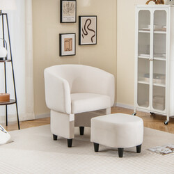 Fåtölj med fotpall i beige sammet och massivträ för vardagsrum eller kontor