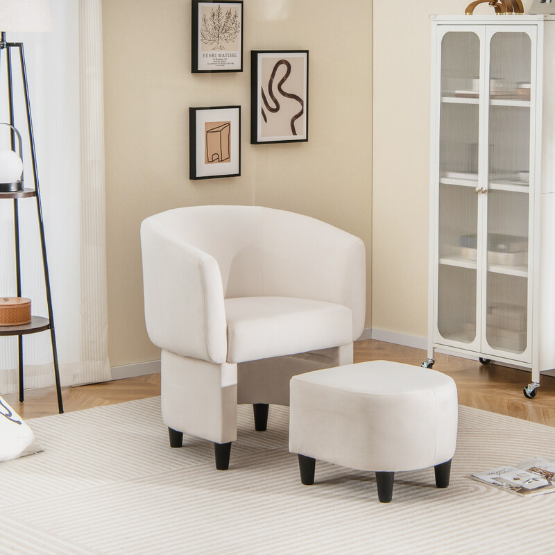 Fåtölj med fotpall i beige sammet och massivträ för vardagsrum eller kontor