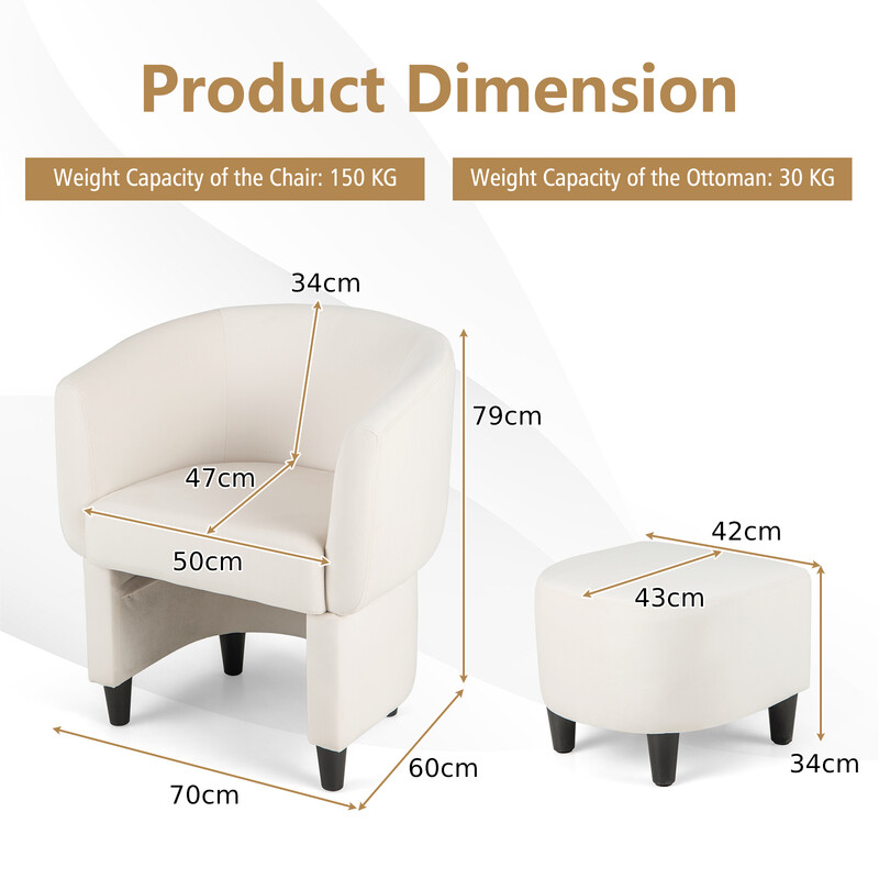 Fåtölj med fotpall i beige sammet och massivträ för vardagsrum eller kontor