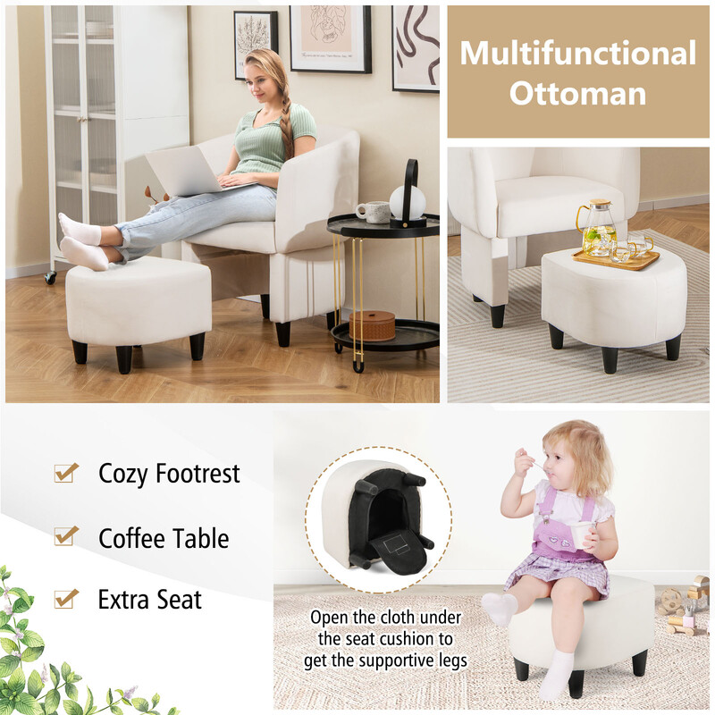 Fåtölj med fotpall i beige sammet och massivträ för vardagsrum eller kontor