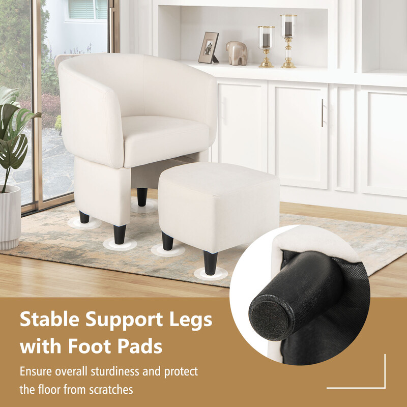 Fåtölj med fotpall i beige sammet och massivträ för vardagsrum eller kontor