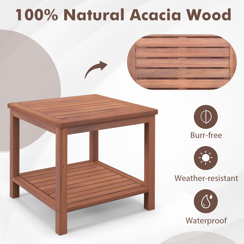 Bärbart rektangulärt sidobord i akaciträ med lamellbordsskiva 45 x 45 x 45 cm