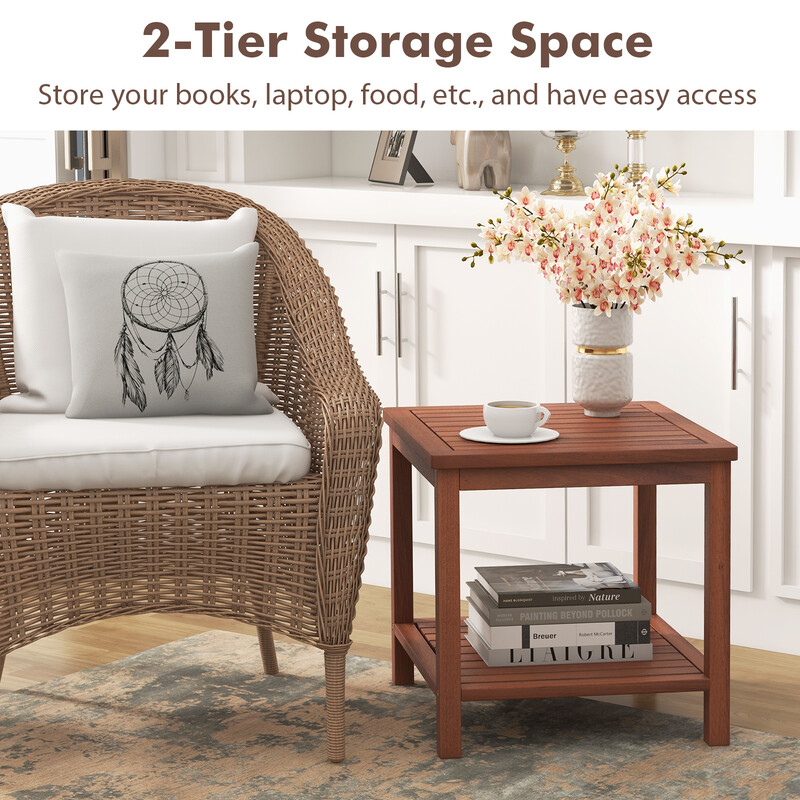 Bärbart rektangulärt sidobord i akaciträ med lamellbordsskiva 45 x 45 x 45 cm