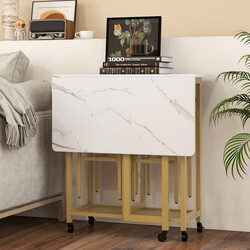 Utdragbart matbord med två pallar och vinställ, vit och guld