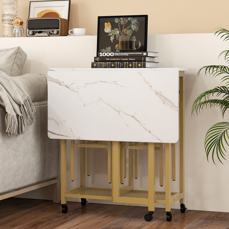 Utdragbart matbord med två pallar och vinställ, vit och guld