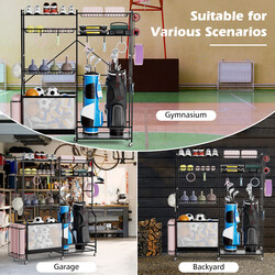 Garageorganisatör för sportutrustning med justerbara hyllor, bollkorg och sidokrokar svart