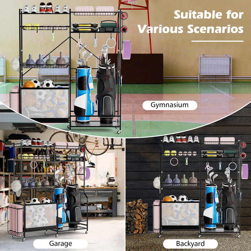 Garageorganisatör för sportutrustning med justerbara hyllor, bollkorg och sidokrokar svart