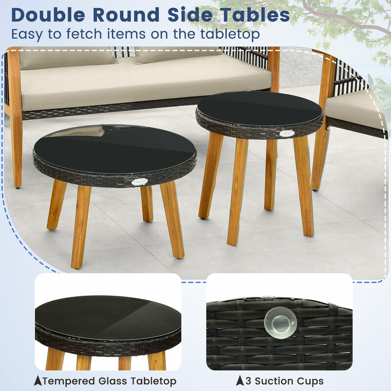 Elegant och hållbar utemöbelgrupp i rotting med bekväma dynor och två sidobord