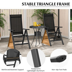 Svart hopfällbar trädgårdsstol i aluminium med justerbart ryggstöd och nättyg