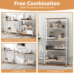 Vikbar serveringsvagn med fem hyllor och avtagbara hjul, naturlig, 76 x 36 x 153 cm