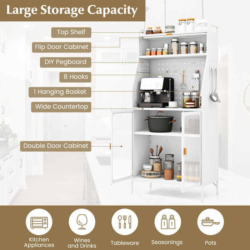 Vitt köksskåp med justerbar hylla och krokvägg för praktisk förvaring