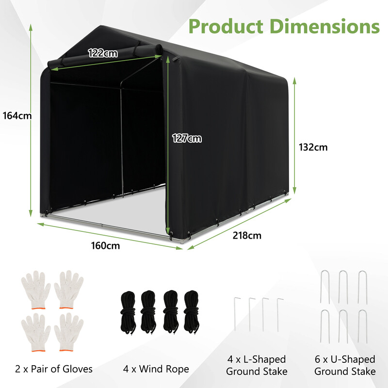 Mörkgrått garagetält 160x218x164 cm med metallram och väderskydd för utomhusförvaring