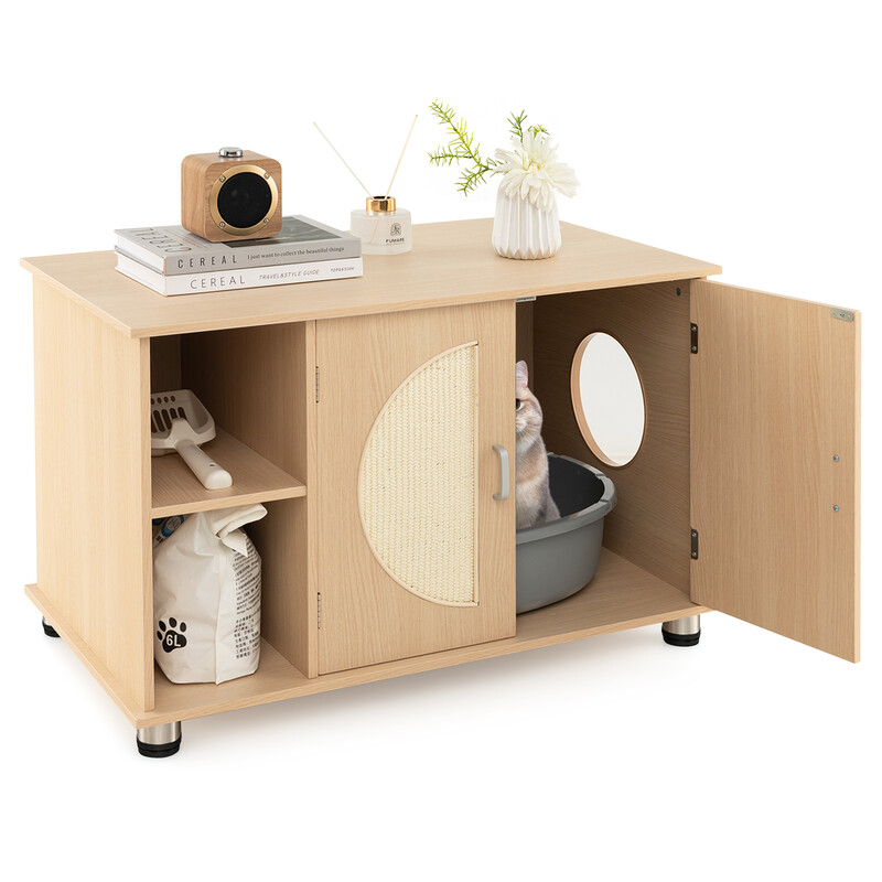 Kattlådemöbel med sisaldörrar och förvaringsfack, stilren design för kattens privata utrymme