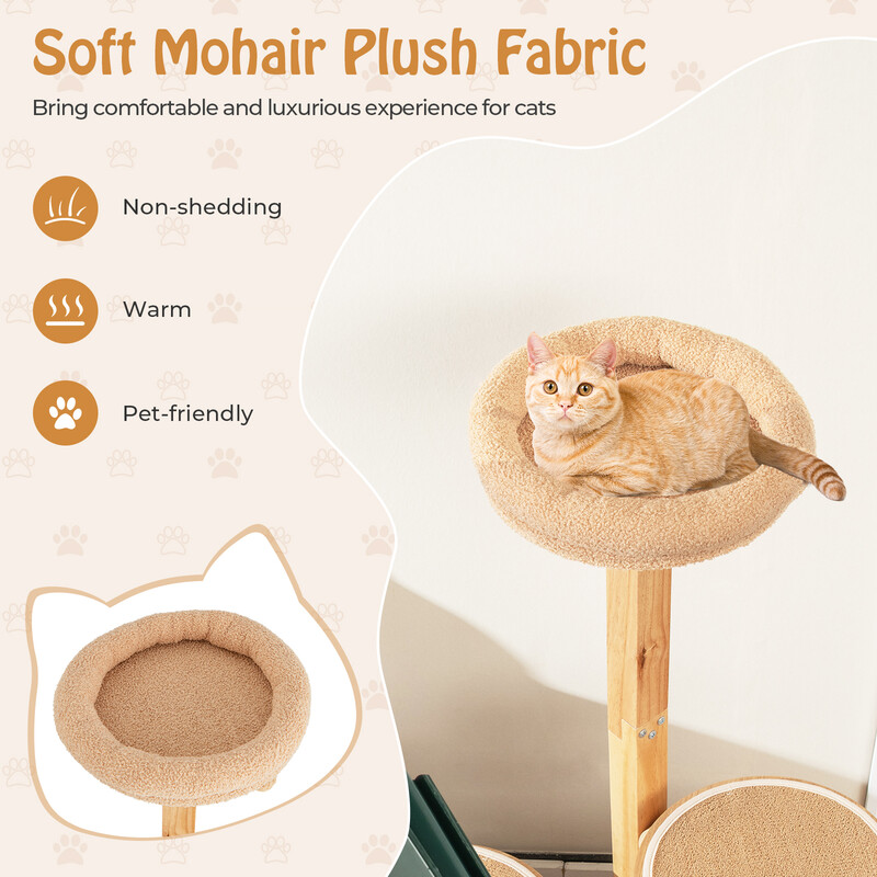 129 cm klätterträd i trä med katthus, avtagbara mattor och bollar för katter