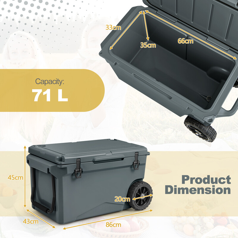 Isolerad kylväska på hjul med flasköppnare och handtag, 71 liter, grå
