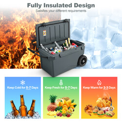 Isolerad kylväska på hjul med flasköppnare och handtag, 71 liter, grå