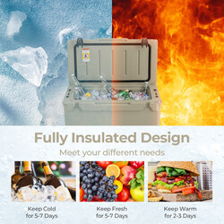 Bärbar 47L kylbox med flasköppnare och handtag för camping i khaki