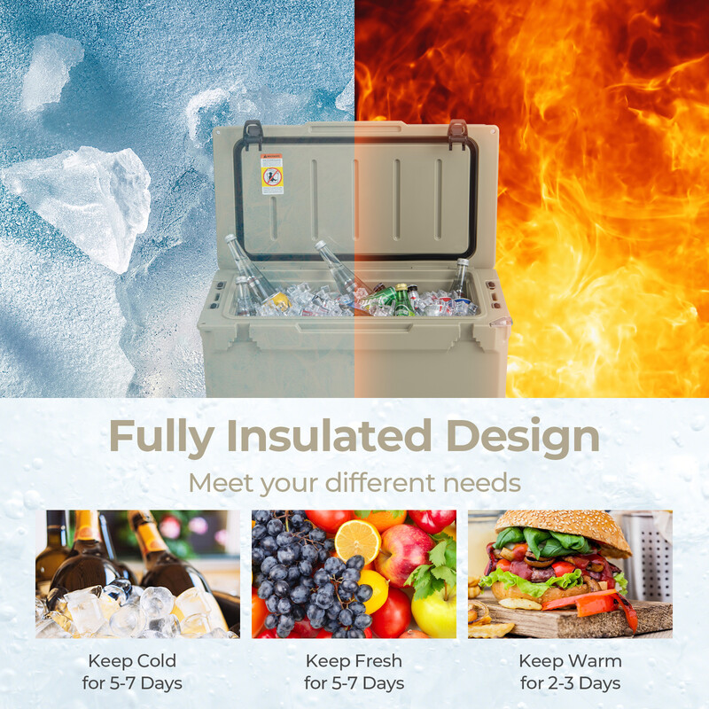 Bärbar 47L kylbox med flasköppnare och handtag för camping i khaki