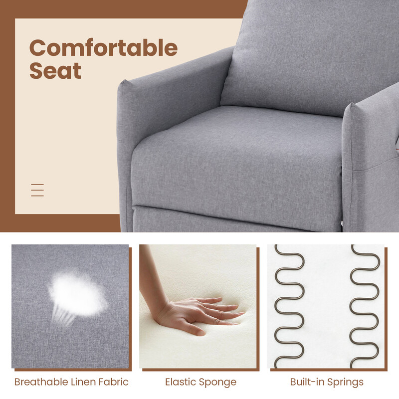 Fåtölj med justerbar rygg och fotstöd, två fickor, grå linnetyg, ergonomisk design